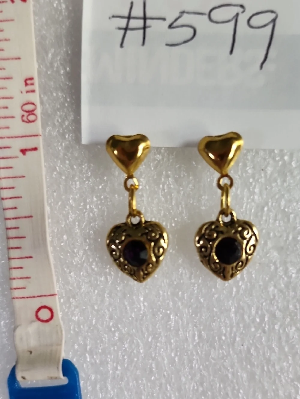 Hand Crafted Gold Heart Drop Earrings with Purple Stone
